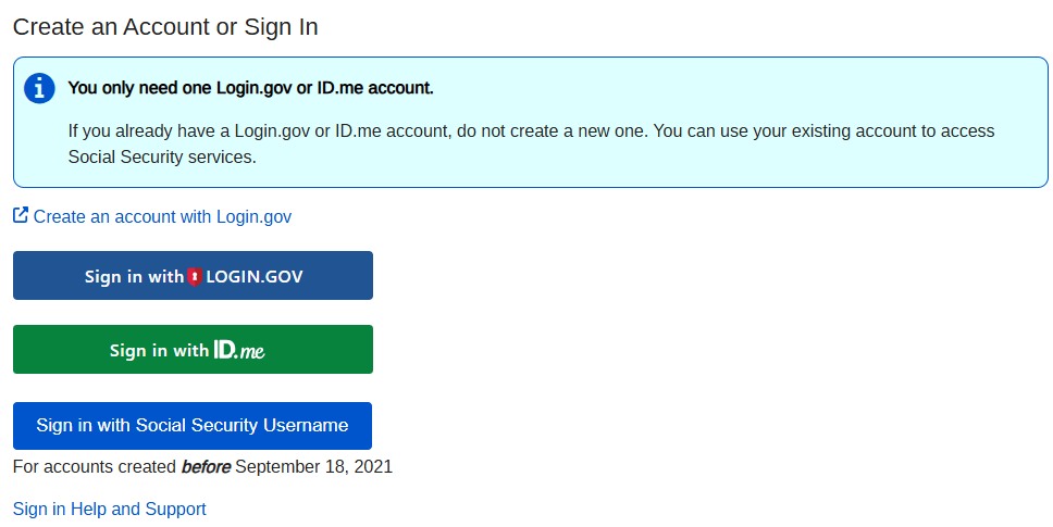 An example of Social Security Login page